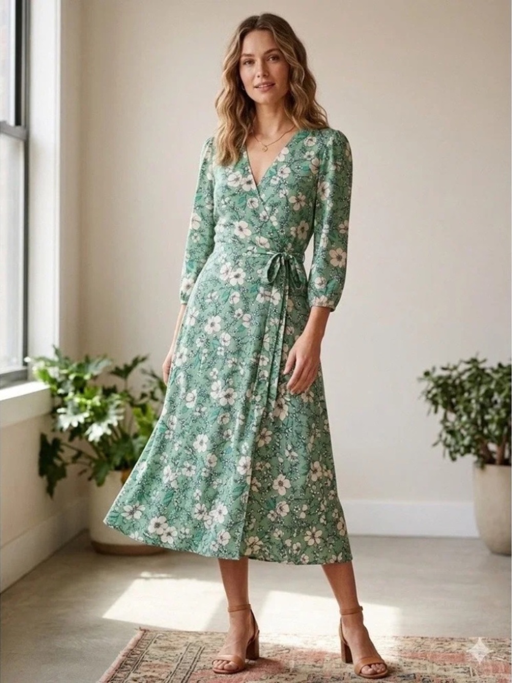 Monteau Los Angeles Women's Dress Green Floral Half Sleeve Midi